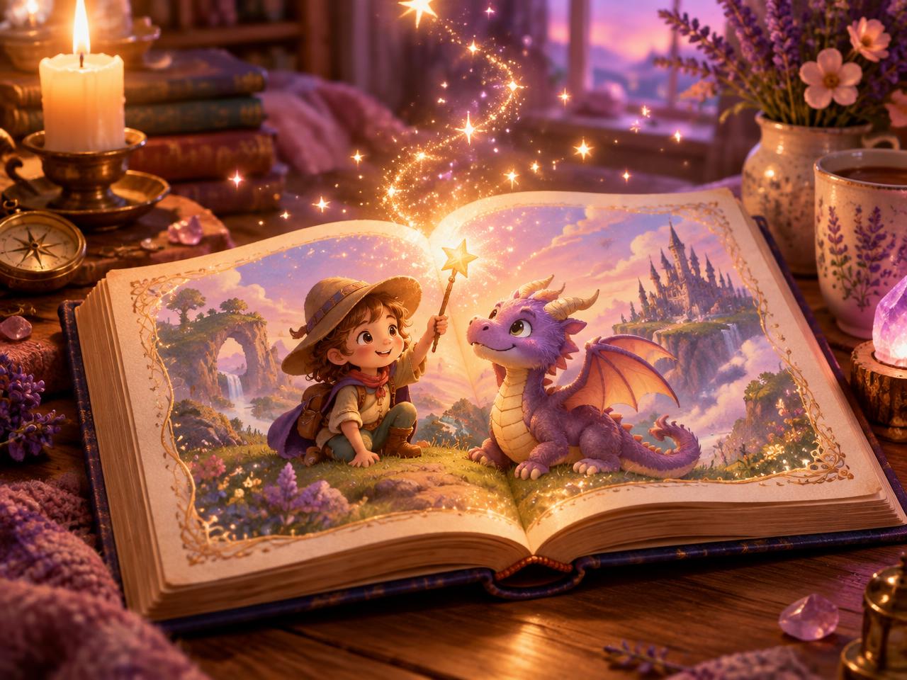 An open storybook showing a child explorer with a star wand beside a friendly purple dragon